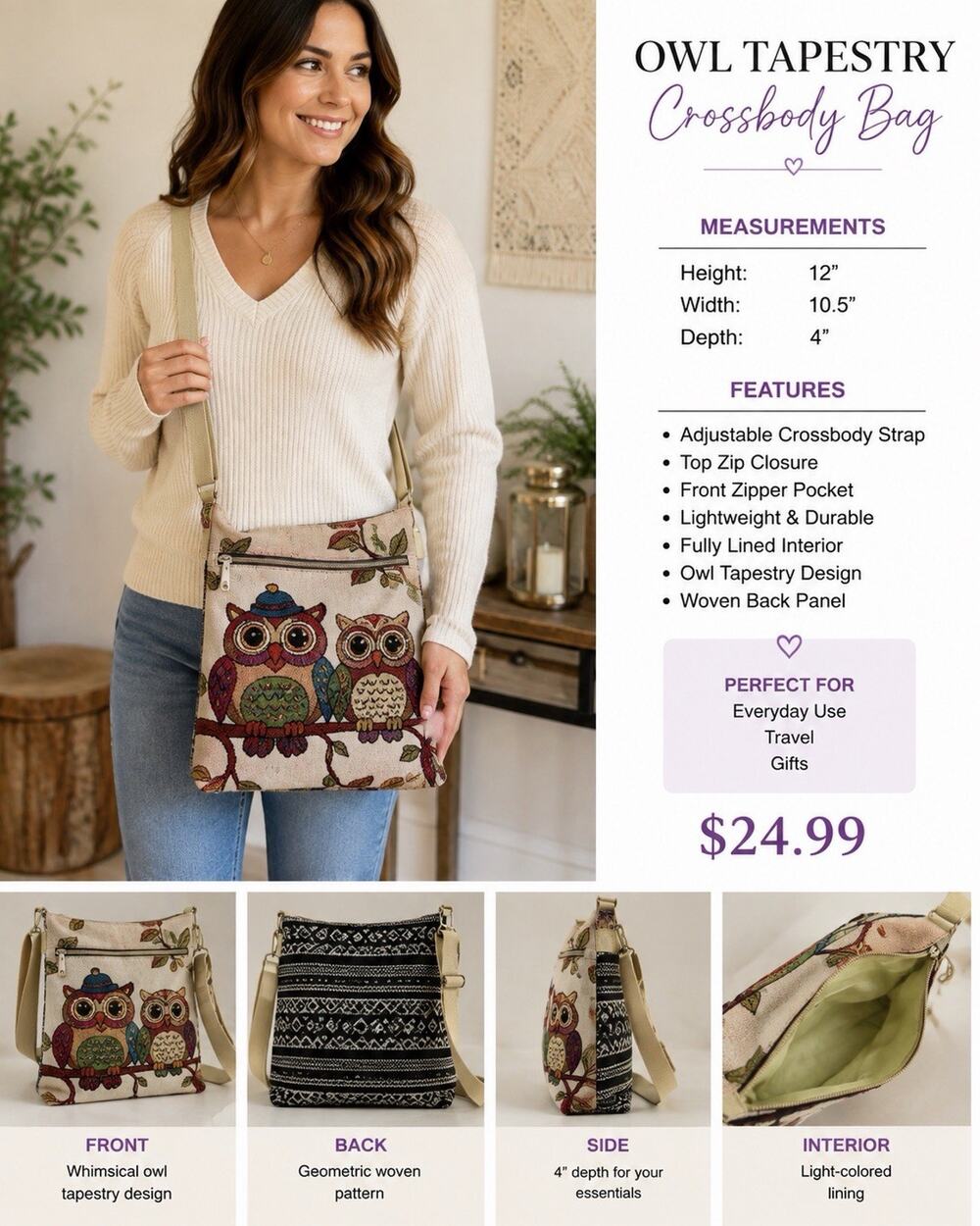 Owl Tapestry Crossbody Bag Multicolor Woodland Boho Adjustable Strap Zip Purse